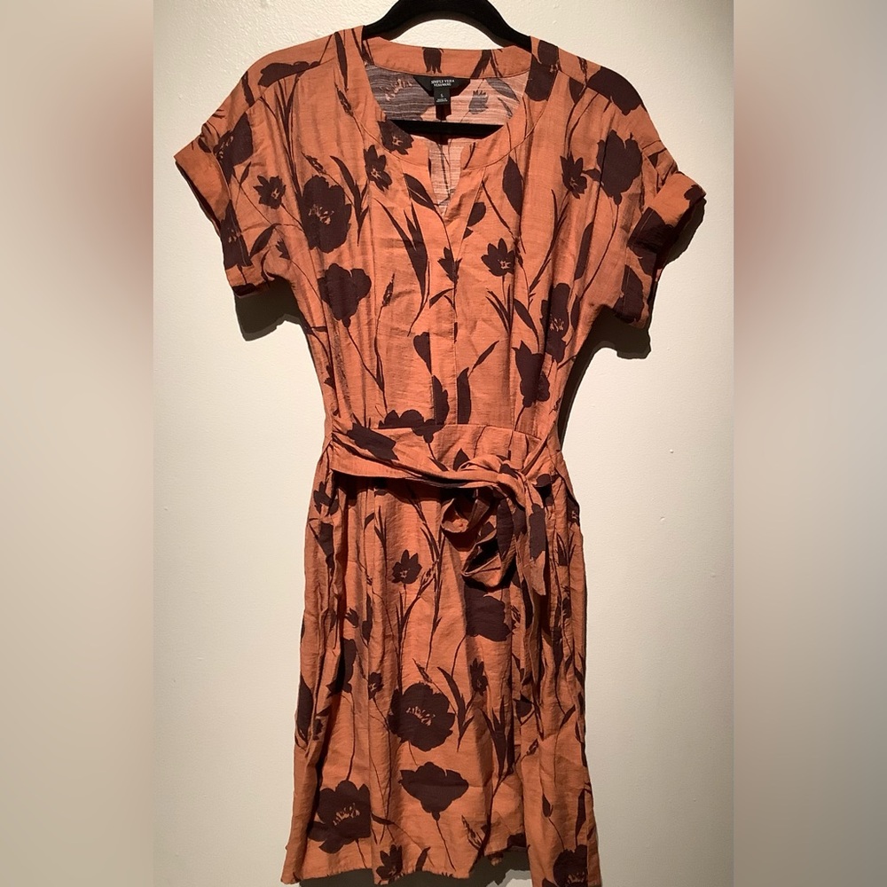 Simply Vera Vera Wang Rust Patterned Tie Waist Shirt Dress - S